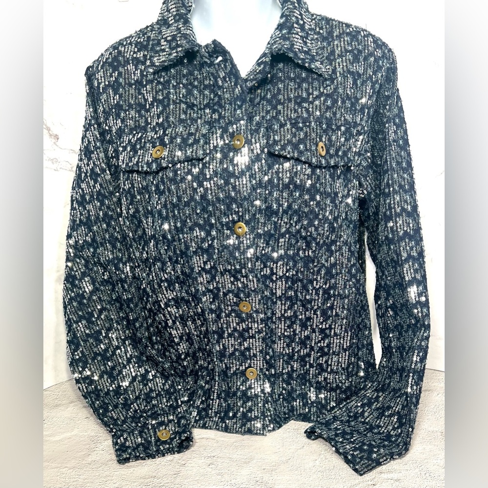 Six/Fifty Pixie Blue Denim Sequin Jacket Size Small